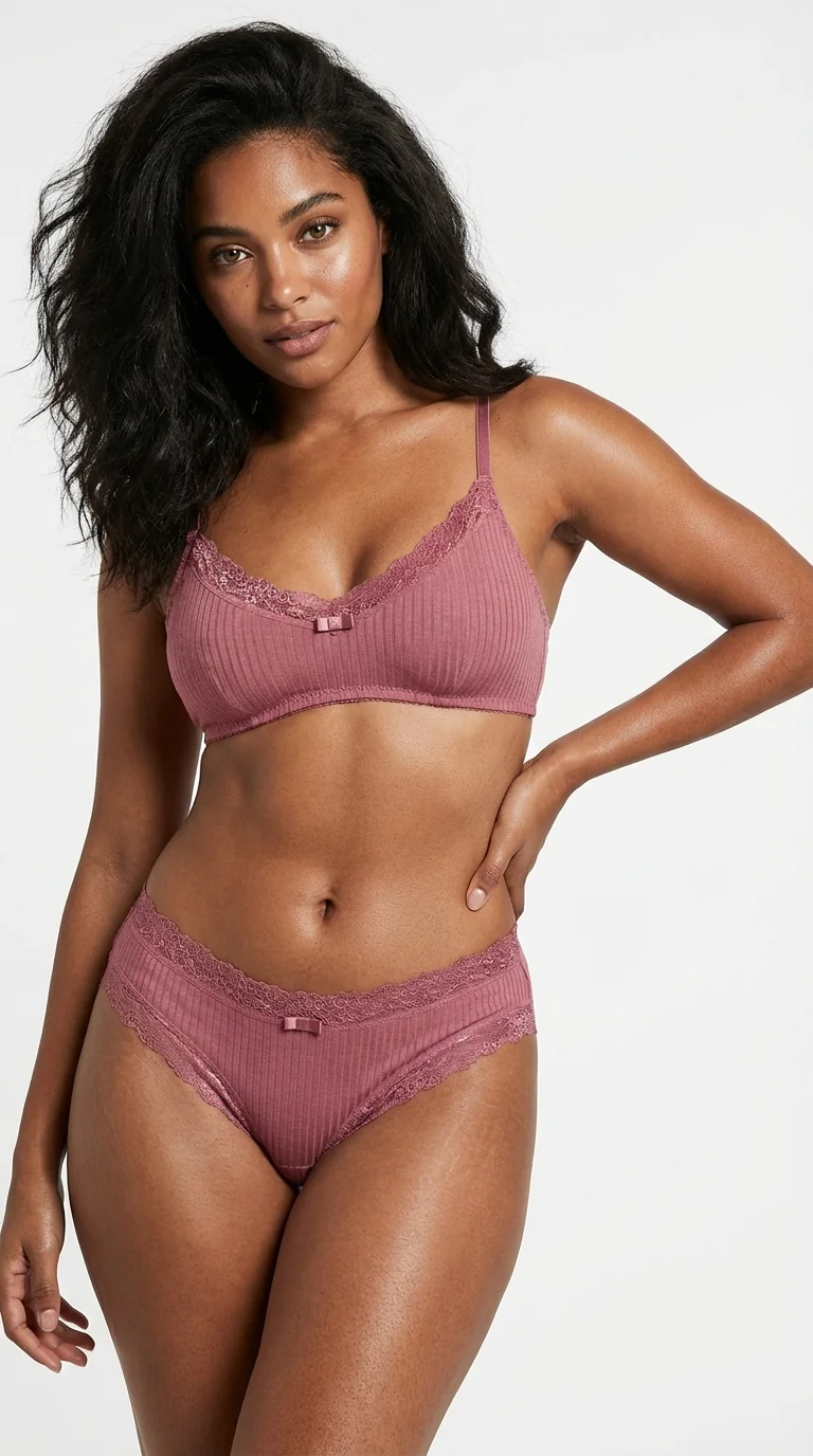 Dusty Rose Fitilli (Ribbed) Bikini Külot - Ön Görünüm